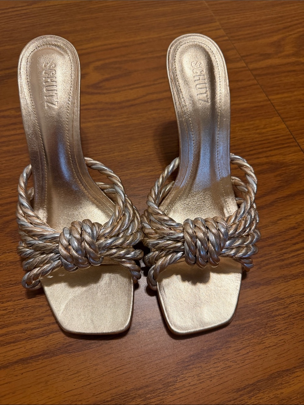 SCHUTZ Metallic Gold Knotted Rope Slide Heels